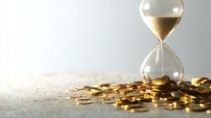 砂時計のそばに、金色のコインがいくつも積み重なっている様子