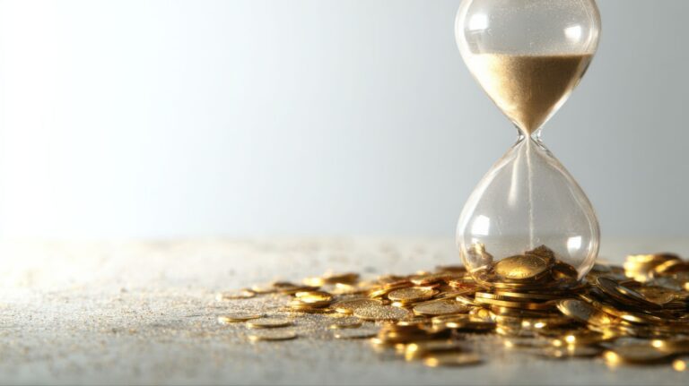 砂時計のそばに、金色のコインがいくつも積み重なっている様子