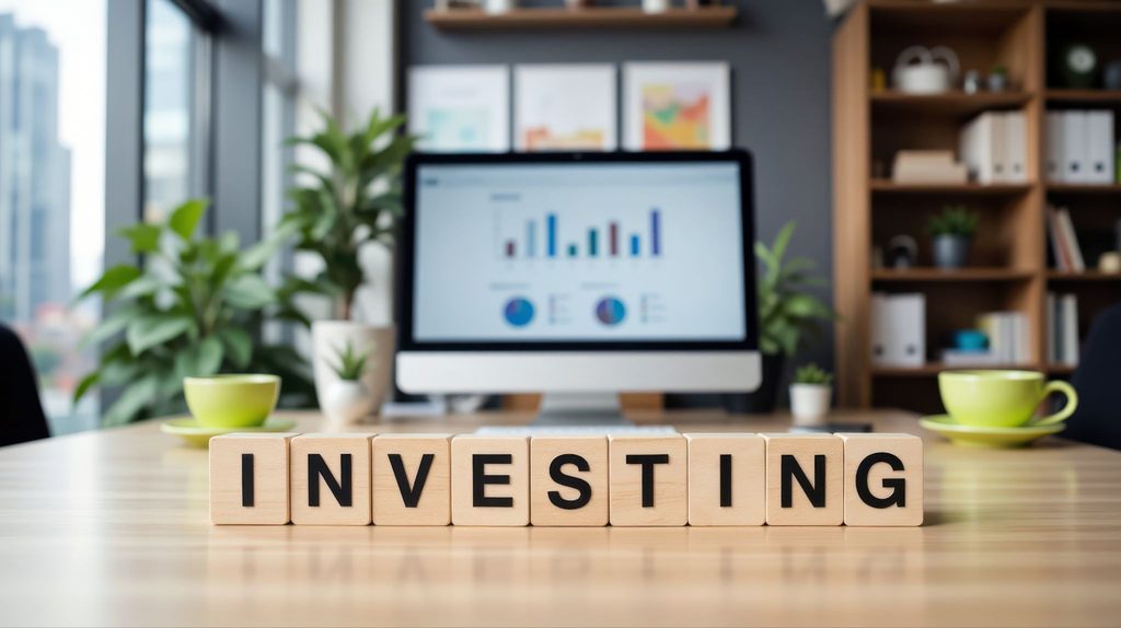 「INVESTING」と並べた木製の文字ブロックと、グラフが映るパソコンが置かれた机